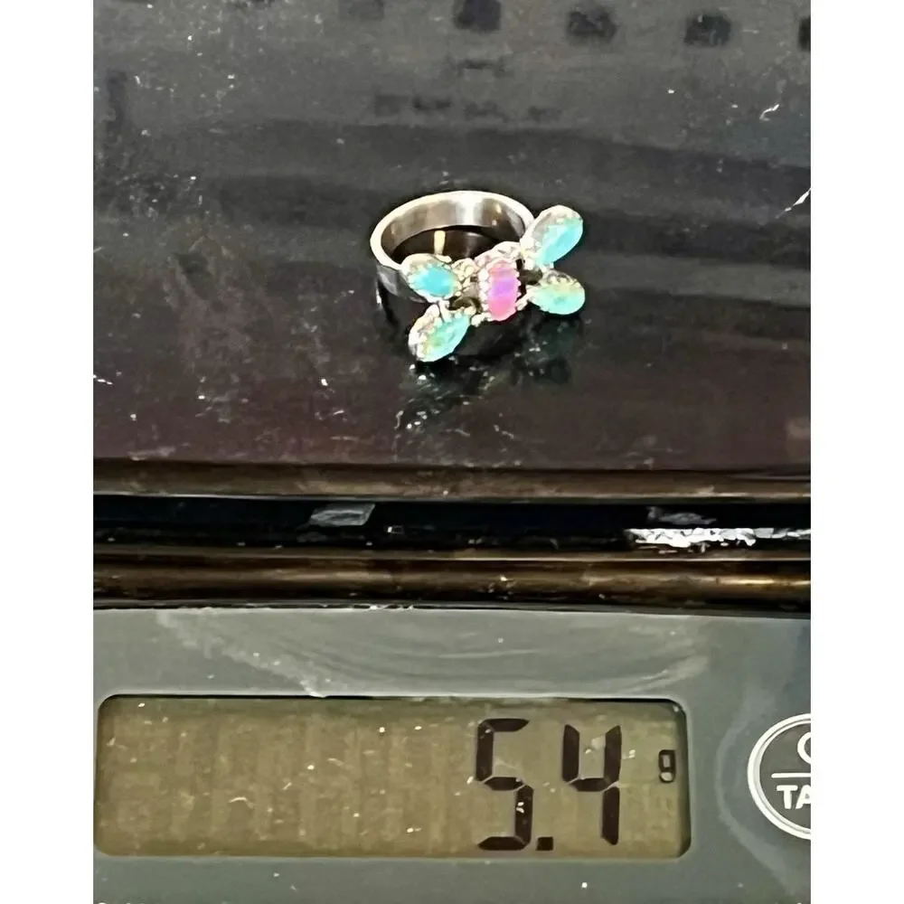Southwest Sterling Silver Kingman Turquoise Pink Opal Butterfly Cluster Ring